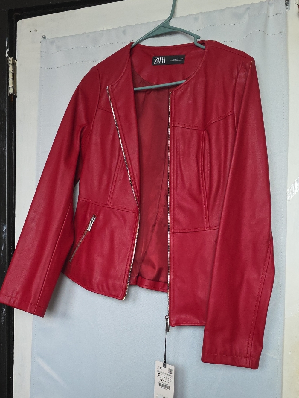 Zara Red Faux Leather Zip-Front Jacket